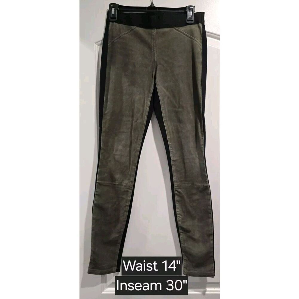 THEORY CULLEN LAMB LEATHER STRETCH TWILL BLACK OLIVE PANTS LEGGINGS SIZE 4 EUC‎